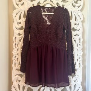 Tobi Wine Lace Long Sleeve Mini Dress